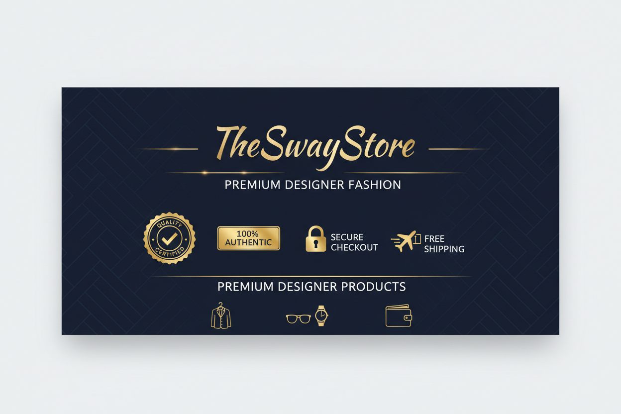 Make me a banner for my store, the name is TheSwayStore and it sells designer products like clothes, accessories,wallets etc. make it look believable and trustworthy and make it suit my navy blue, gold colour layout with some white, make sure it shows hings like quality certified and other good things about a store to build trust with customers